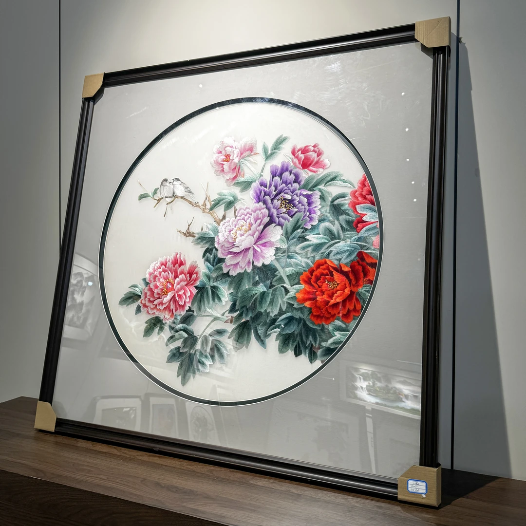 【牡丹花鸟】纯手工刺绣苏绣精品高档玄关走廊新中式画芯80*80cm