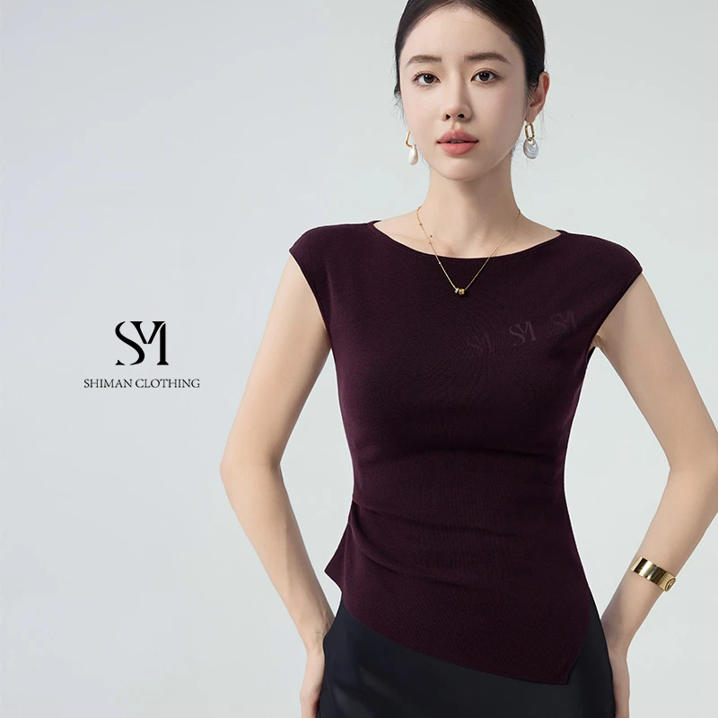 【饰漫】透气天丝设计感修身夏季包肩女装一字领针织衫小众上衣百搭