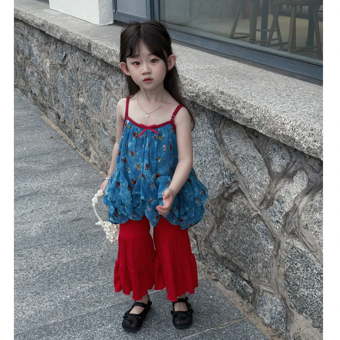 夏季韩版女童度假风吊带娃娃衫夏季儿童宝宝雪纺荷叶边上衣微喇裤