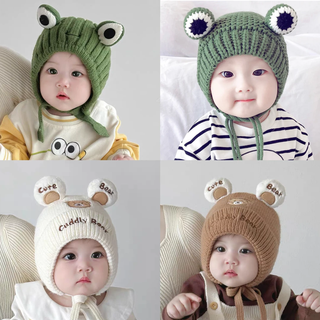 婴儿帽子春秋冬季宝宝婴幼儿可爱超萌男童青蛙毛线帽2儿童1岁加厚