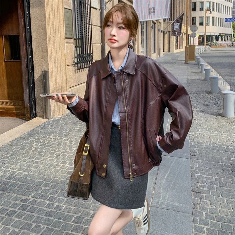 安可拉红皮衣外套女春秋2025新款高级感气质美式复古pu皮飞行夹克