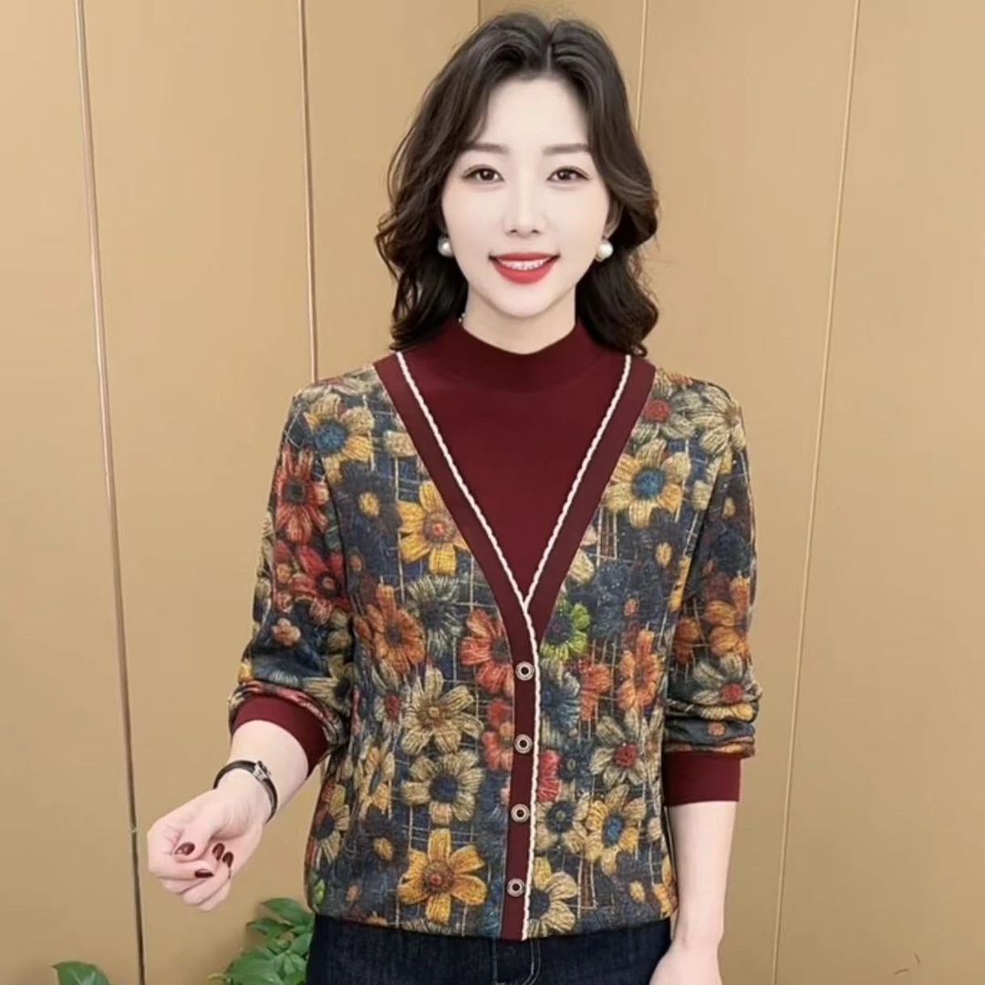 秋冬新款假两件加绒加厚洋气妈妈装休闲时尚百搭长袖上衣K9870