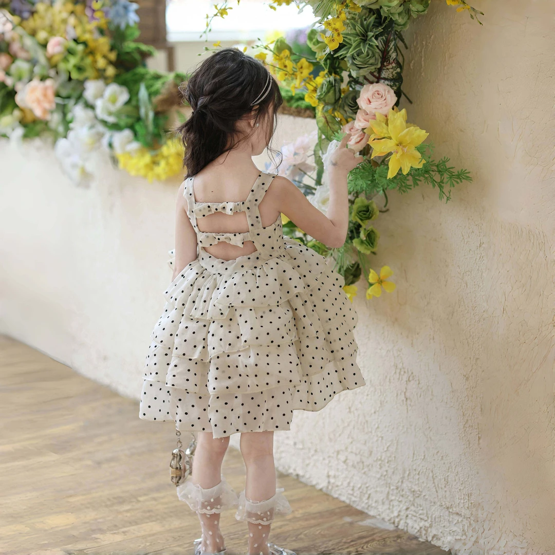 女童洋气波点连衣裙夏季小女孩气质露背蓬蓬公主裙可爱蛋糕吊带裙