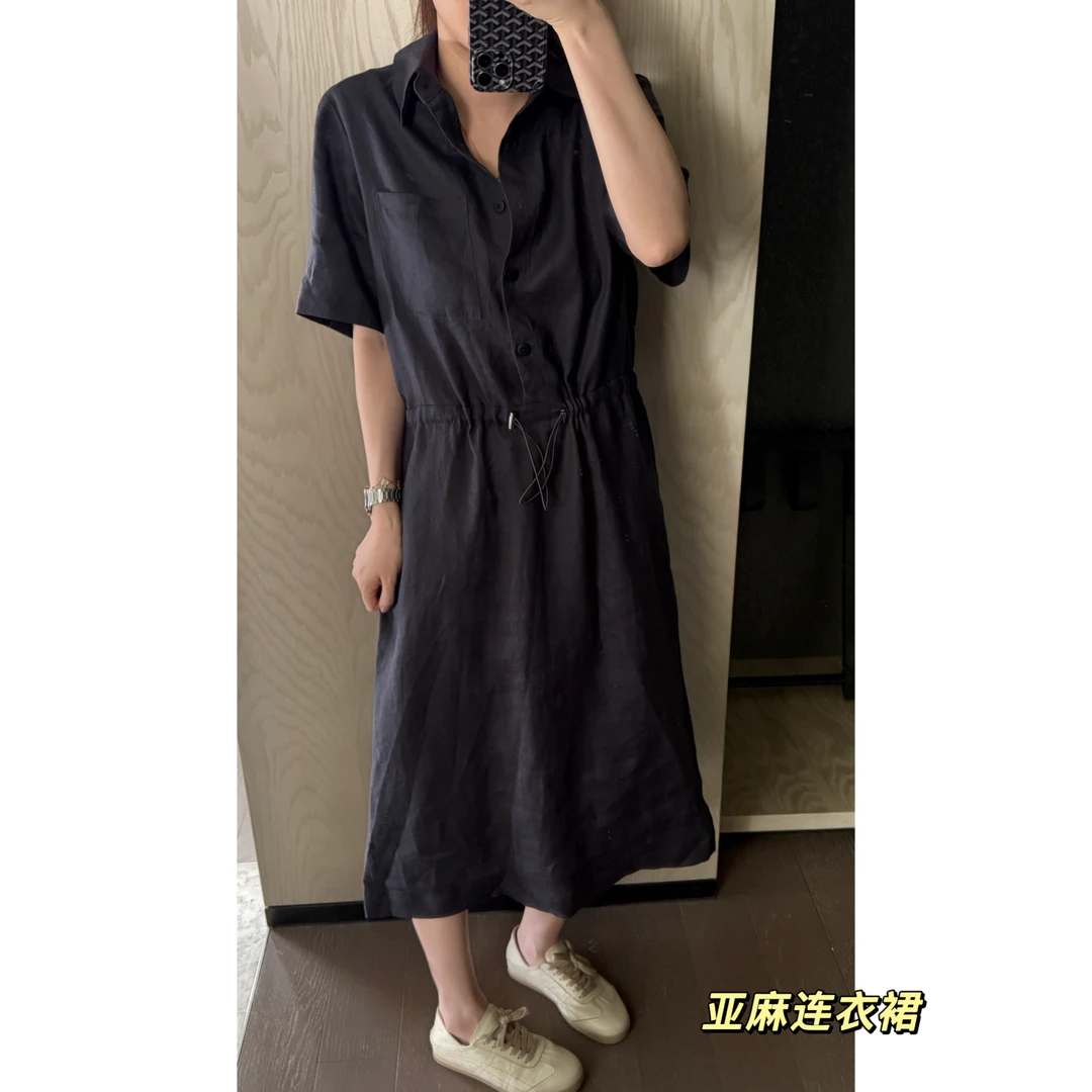 美亚恩NANA 100%亚麻翻领连衣裙可收腰C0294