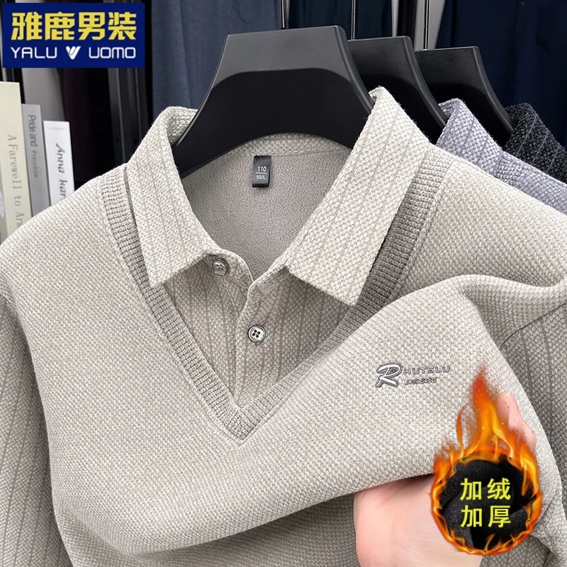 【加绒加厚假两件】雅鹿男装冬季新款针织衫毛衣男士上衣商务修男装