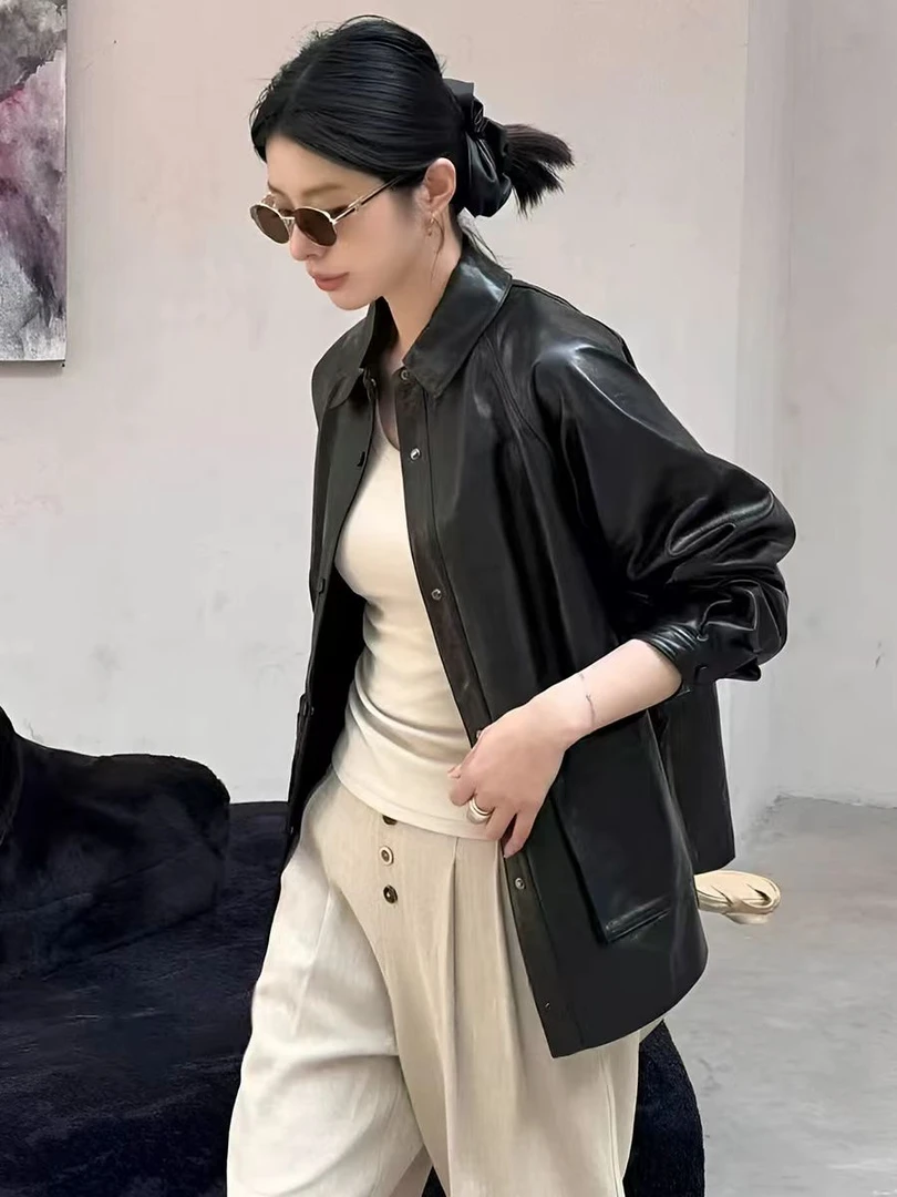 全植鞣绵羊皮真皮衬衫女2025秋宽松大码廓版中长款斗篷外套风衣