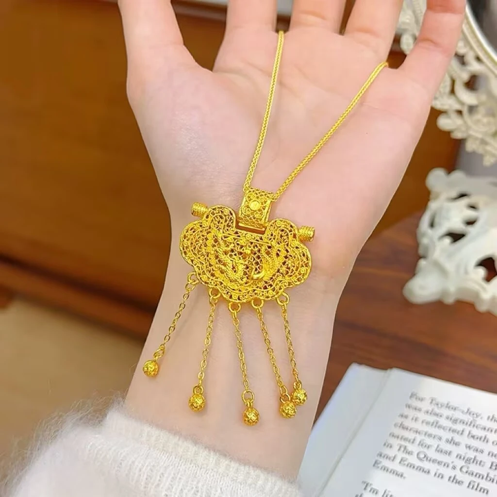 铜合金吊坠 古法天子门生龙凤平安锁包流苏吊坠项链宫廷送女友礼