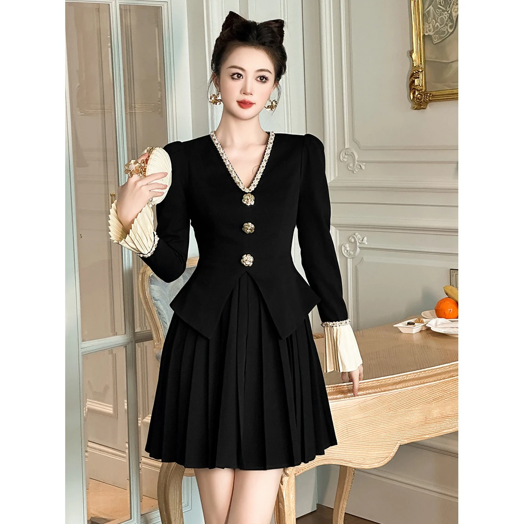 欧洲站黑色假两件连衣裙女高级感秋季新款小个子收腰显瘦西装短裙