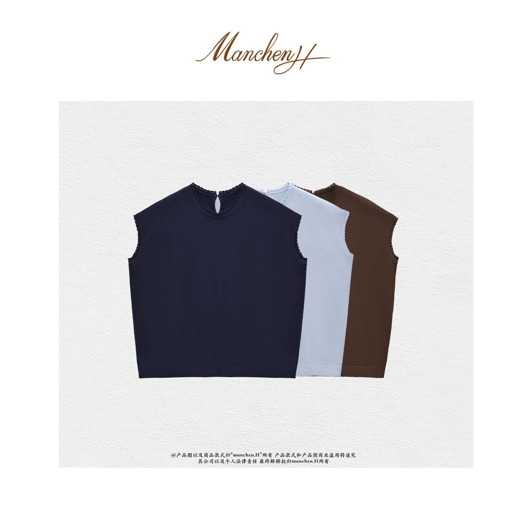 Manchenh“自由时光”进口丝光3股80s巴马棉手钩蕾丝边针织上衣