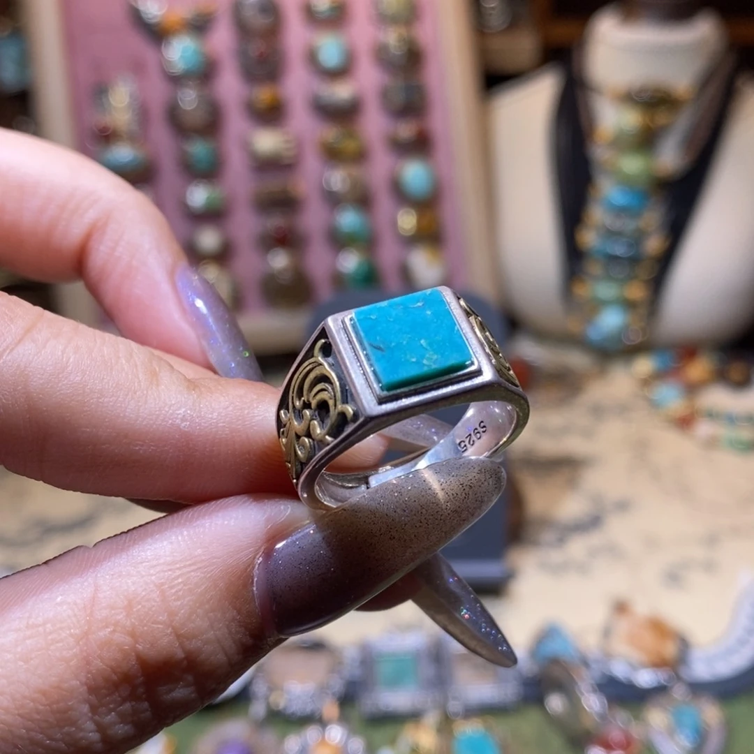 绿松石银S925镶嵌戒指م****戒指。