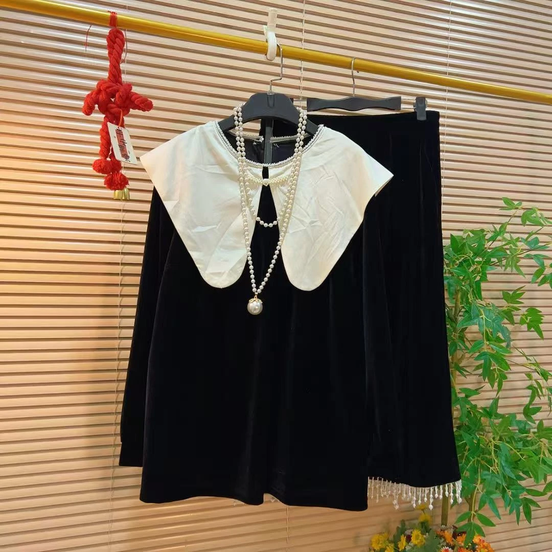 撞色娃娃领上衣流苏半身裙胖YY2025秋季新款韩系温柔甜美通勤套装