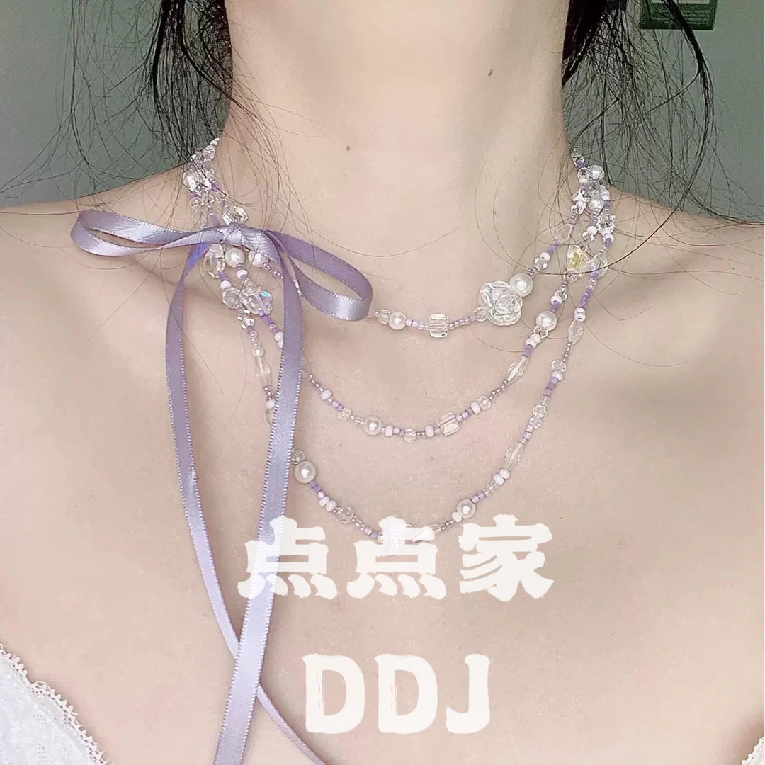 铜合金树脂项链 X-152温柔百搭甜美气质多层珠珠蝴蝶结飘带项链
