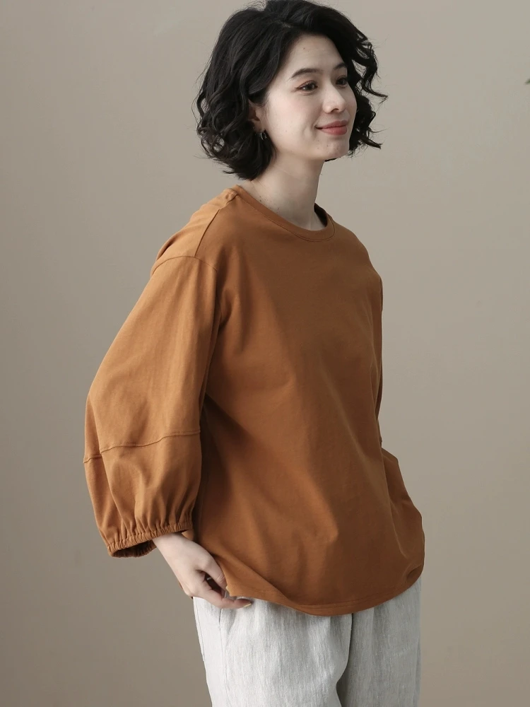 左耳左岸 宽松休闲T恤衫女 九分袖泡泡袖棉质纯色打底衫2025春款