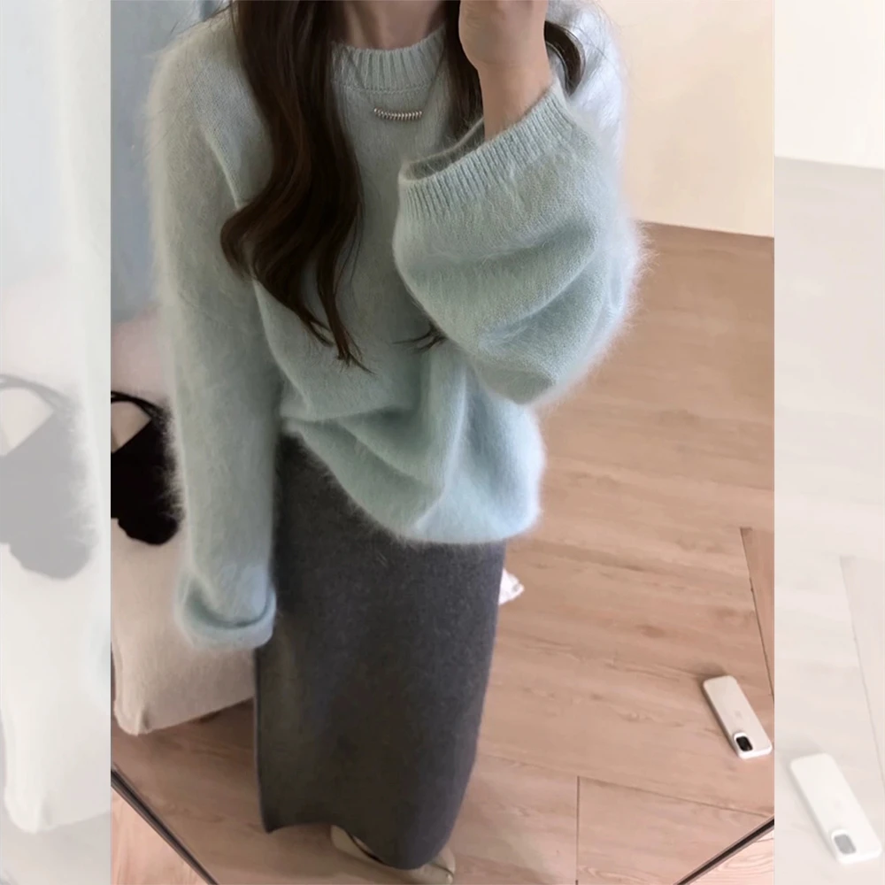 时尚慵懒风毛针织衫宽松毛衣网红针织上衣圆领长袖毛衣女