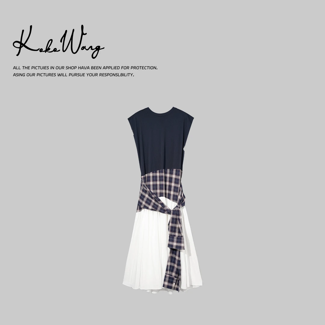KOKO WANG夏季时尚气质学院风格纹拼接假两件连衣裙532625D21Q42