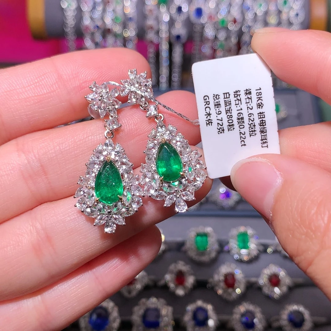 【闪购商品】祖母绿耳钉18K金镶嵌