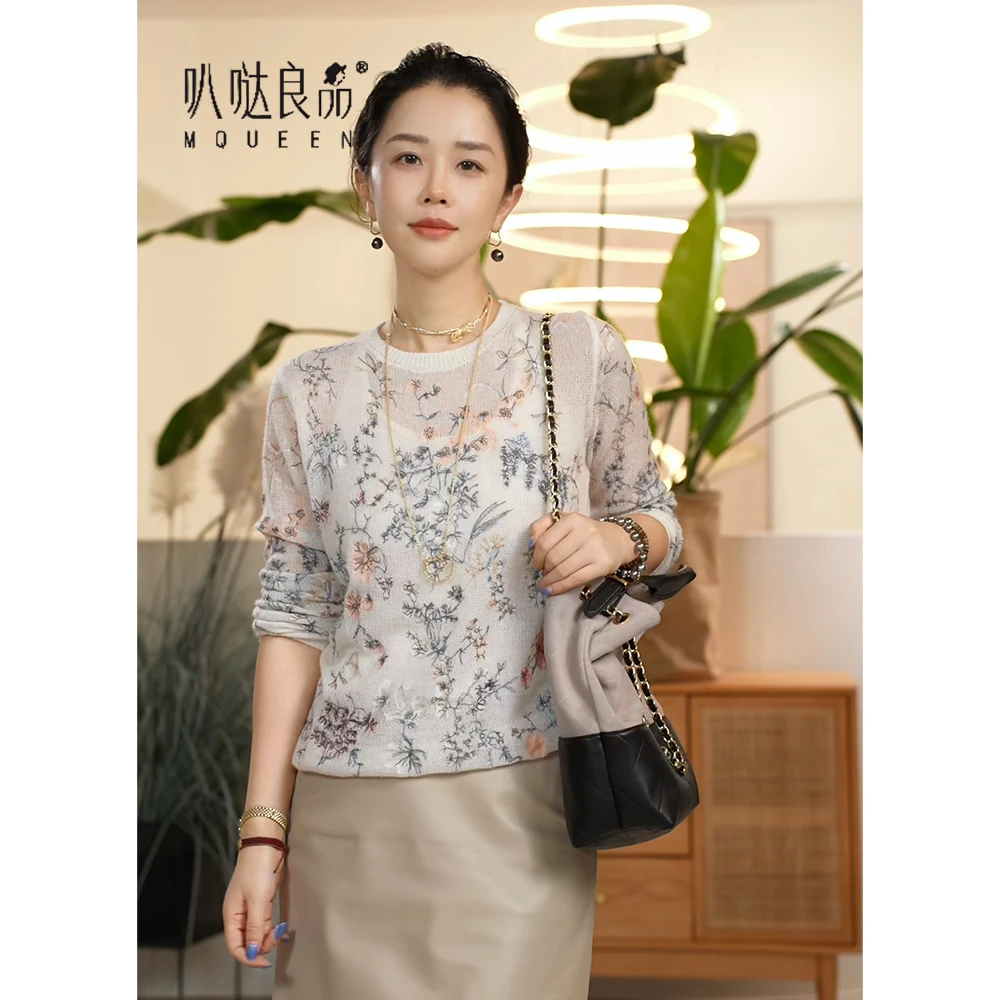 X【叭哒不惑】银杏子 绵羊毛马海毛圆领花卉长袖毛针织衫休闲上衣