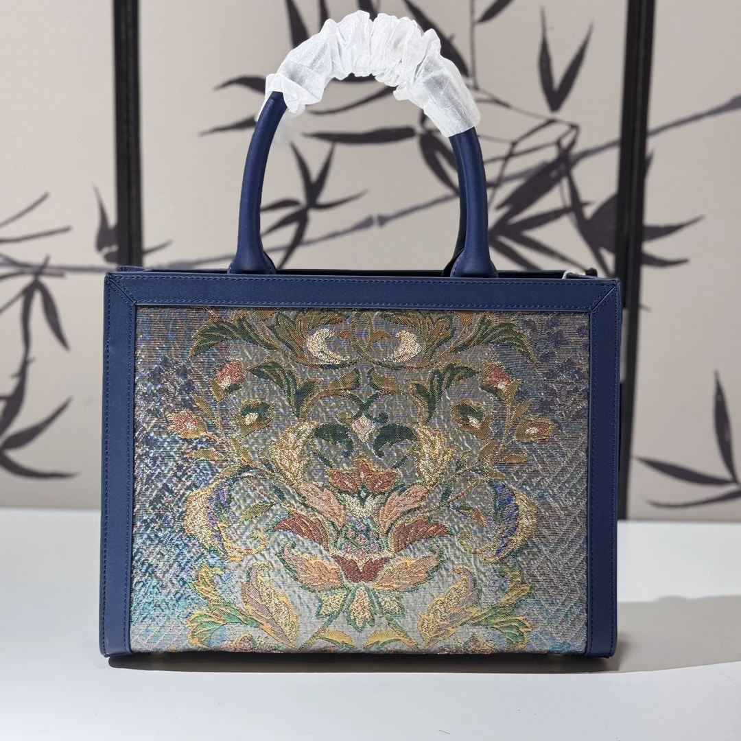 【孤品】非遗手工织锦包包 唐草花皱织工艺 宝蓝色手提托特包