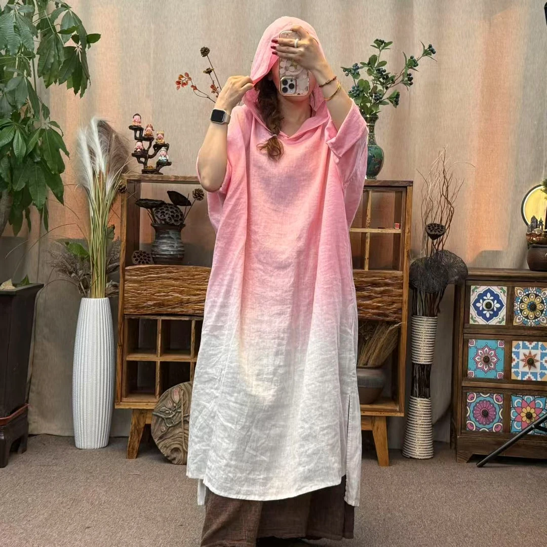 花璟与麻原创设计复古炒色前短后长连帽袍裙（衣长112-122胸围150）