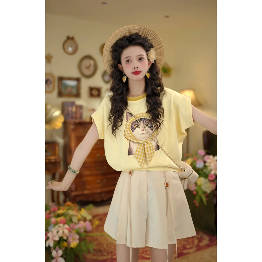 扣子家【猫咪物语】复古港风夏季短袖设计T恤休闲宽松上衣KW2023540