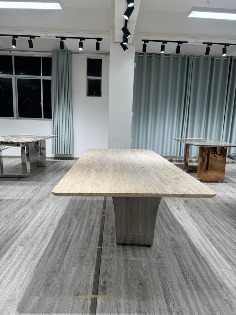 高档天然大理石长形米黄洞石餐桌家用创意设计