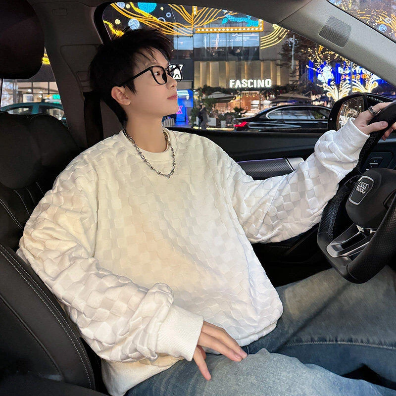 春装新款棋盘格套头卫衣男潮宽松百搭长袖T