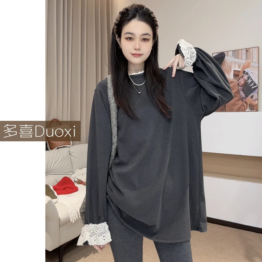 【Duoxi】"花苞袖"冬季新款 双面慕丝绒花边休闲百搭长袖T恤A090#