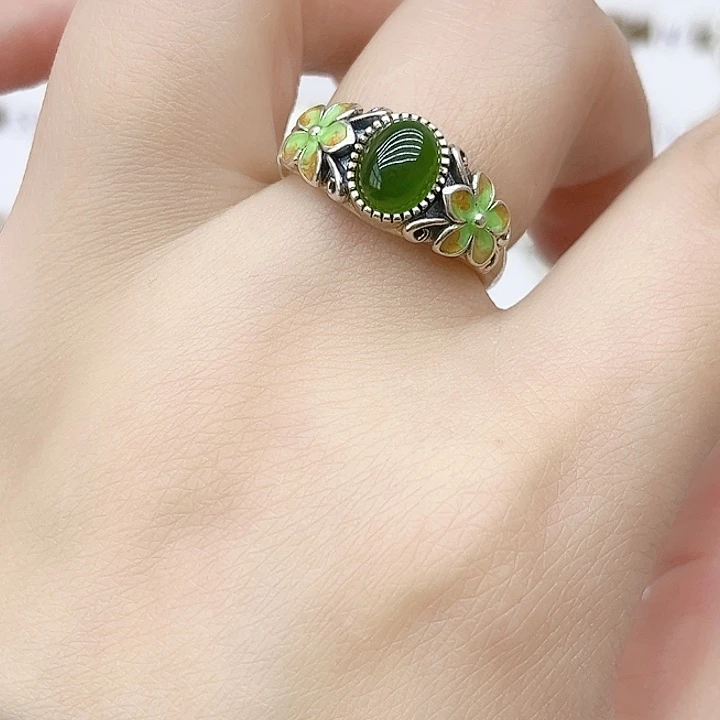 和田玉戒指银S925镶嵌天然