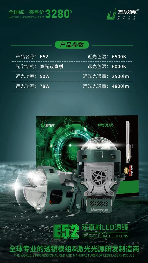 超视界E522双直射LED透镜远近一体汽车大灯高亮升级