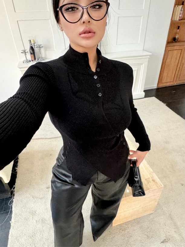 BBWootd 2025微胖弹力不规则显瘦设计感针织上衣