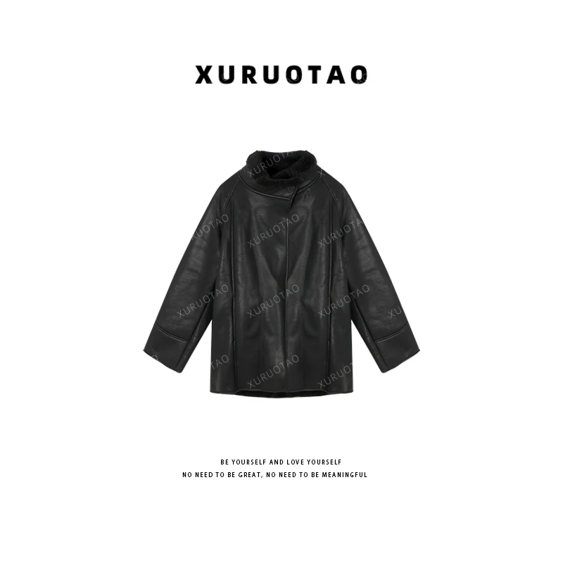 XURUOTAO【林顿皮衣】PU皮羊毛加绒皮衣毛绒领边保暖黑色外套 T5870