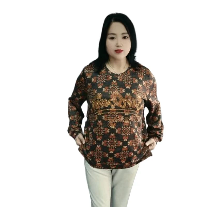 大码妈妈装 宽松圆领套头衫200多斤可穿显瘦洋气 弹力亲肤不起球