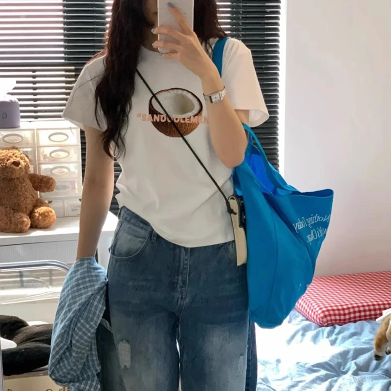 胖mm300斤设计感小众白色短袖t恤女新款夏季正肩宽松半袖美式上衣