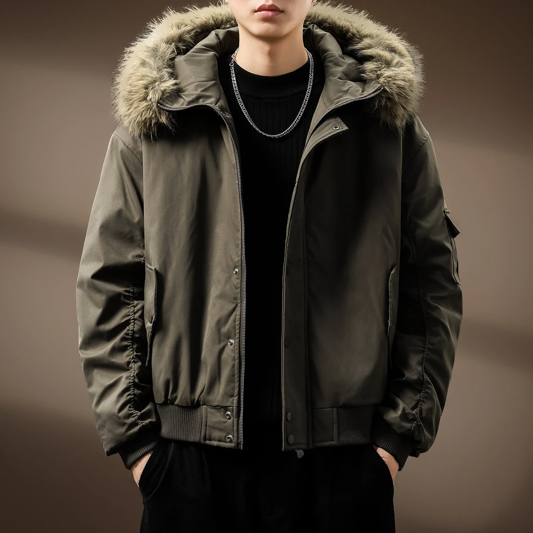 高端美式复古毛领连帽派克服棉衣男士冬季宽松加厚保暖飞行员外套