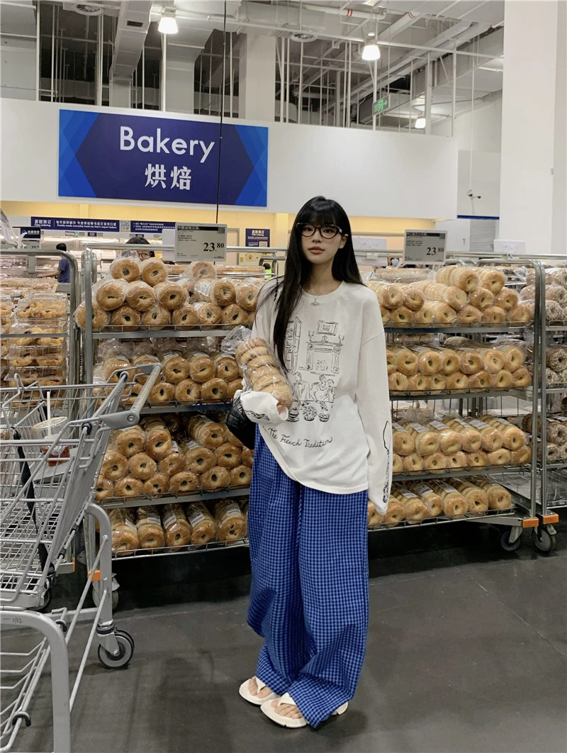 美式卡通涂鸦宽松罩衫圆领长袖t恤＋撞色百搭格子阔腿裤两件套装