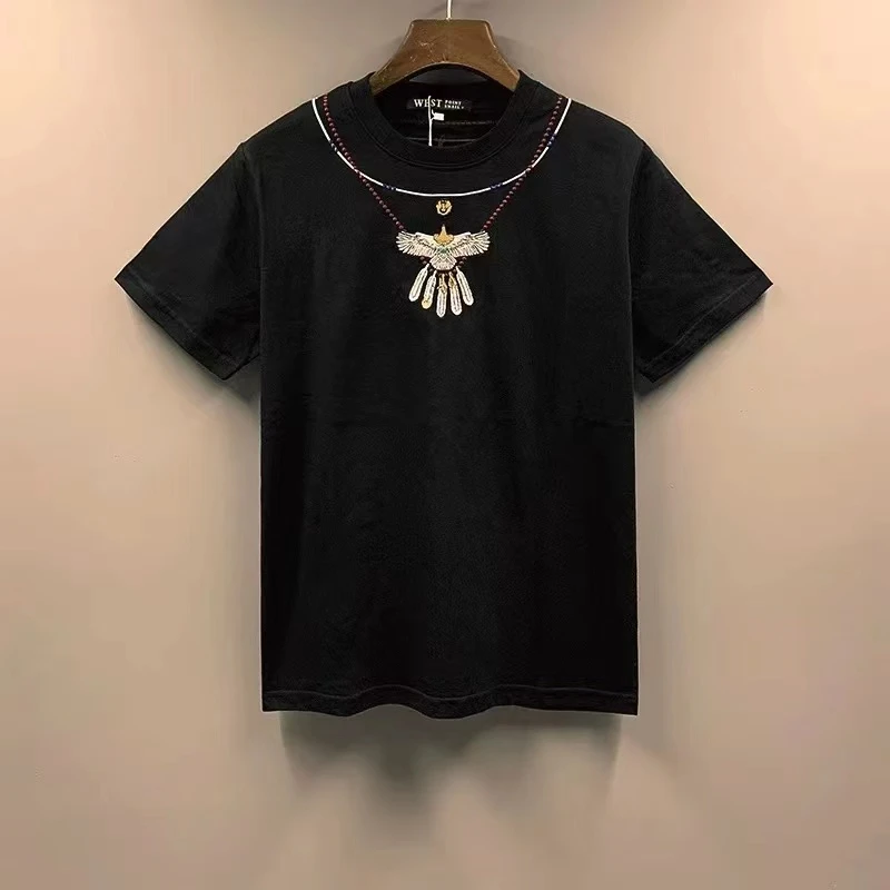 315欧货2025潮牌刺项链刺绣短袖T恤男女同款情侣时尚半袖上衣