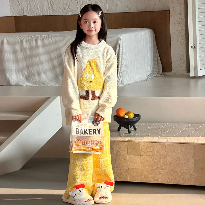 儿童半边绒睡衣秋冬加厚女童冬季家居服网红爆款女大童珊瑚绒套装