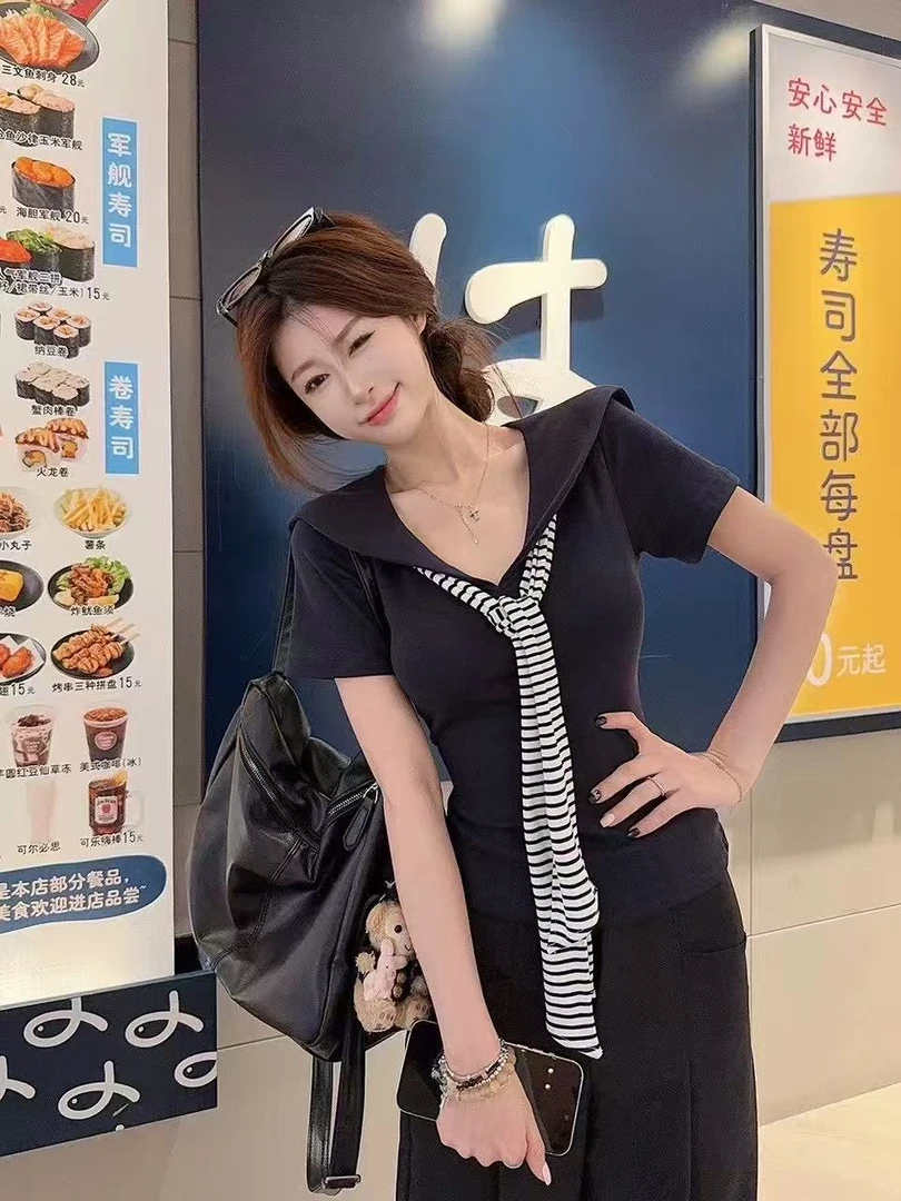 山本风学院风短袖通勤V领辣妹T恤小丸子