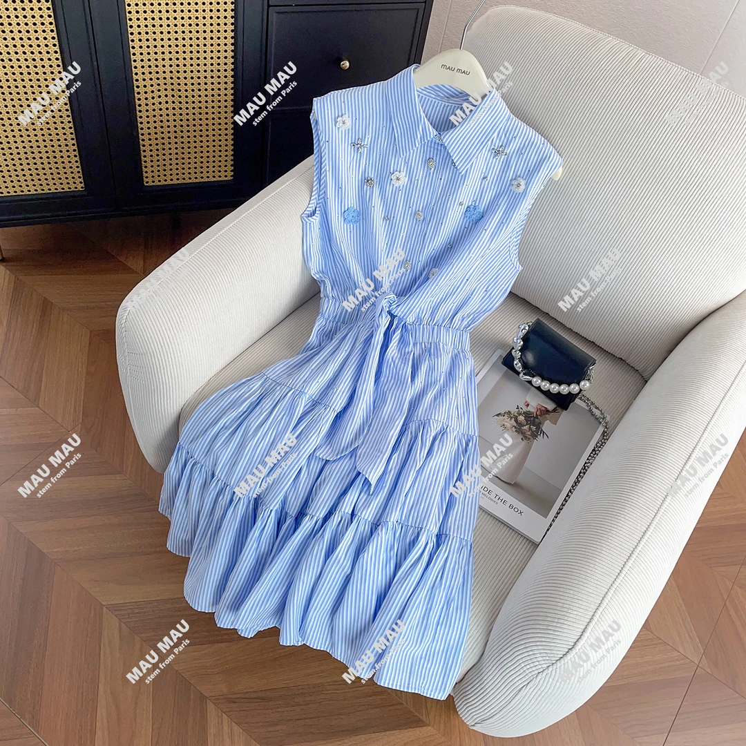 夏新款清新减龄钉钻花朵系带无袖条纹连衣裙DY7642