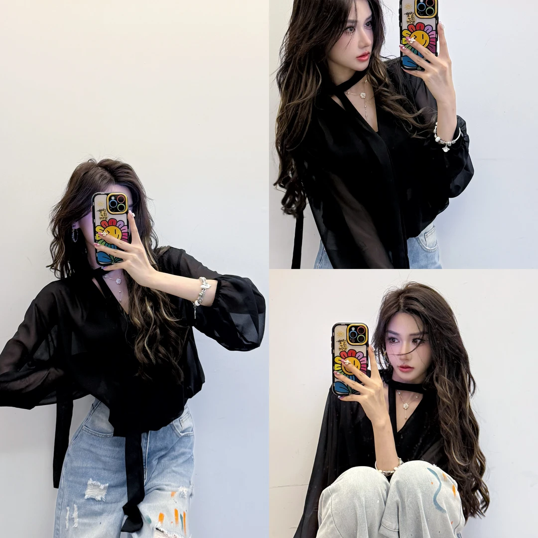 黑色交叉v领长袖宽松雪纺设计感薄款飘带上衣