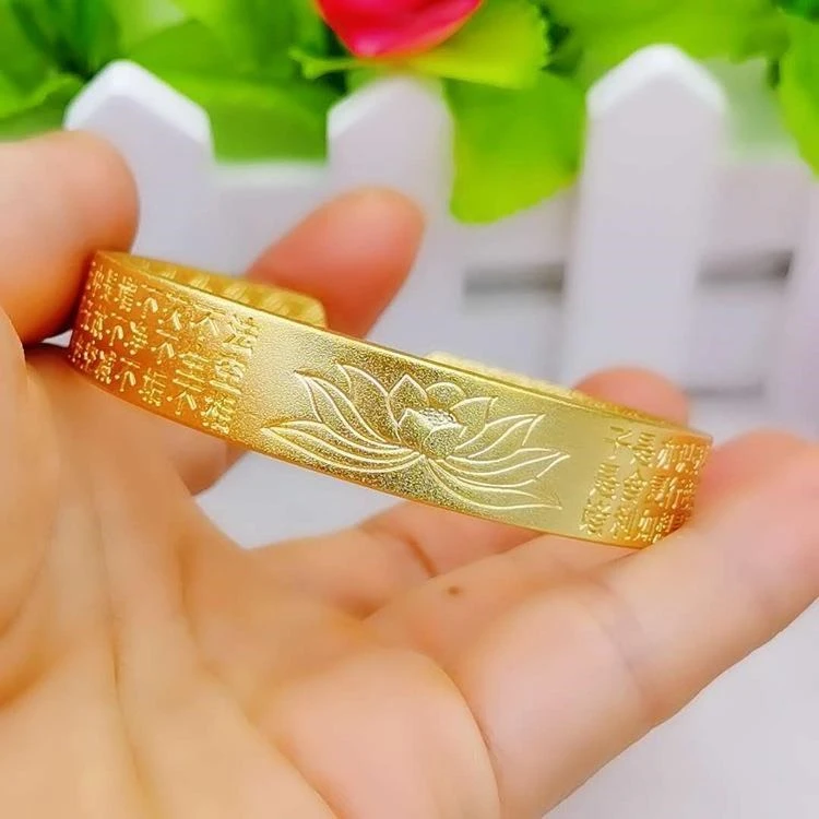 合金手镯 香港免税真金哑光莲花心经开口手镯婚庆首饰金色镯子送