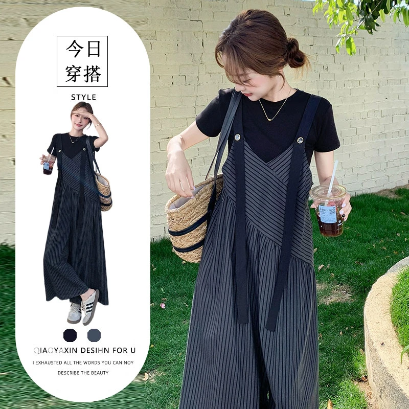 小众设计感条纹设计感背带裤阔腿裤女2025夏新款纯色短袖上衣套装