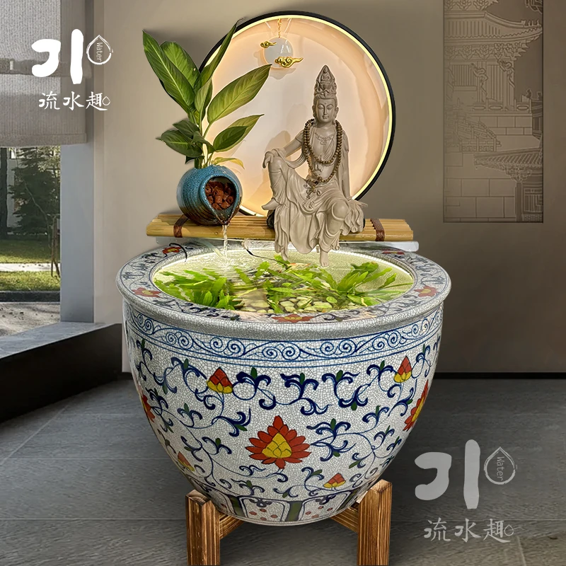 流水趣陶瓷古法鱼缸流水摆件循环水流水器睡莲缸荷花缸老式大水缸