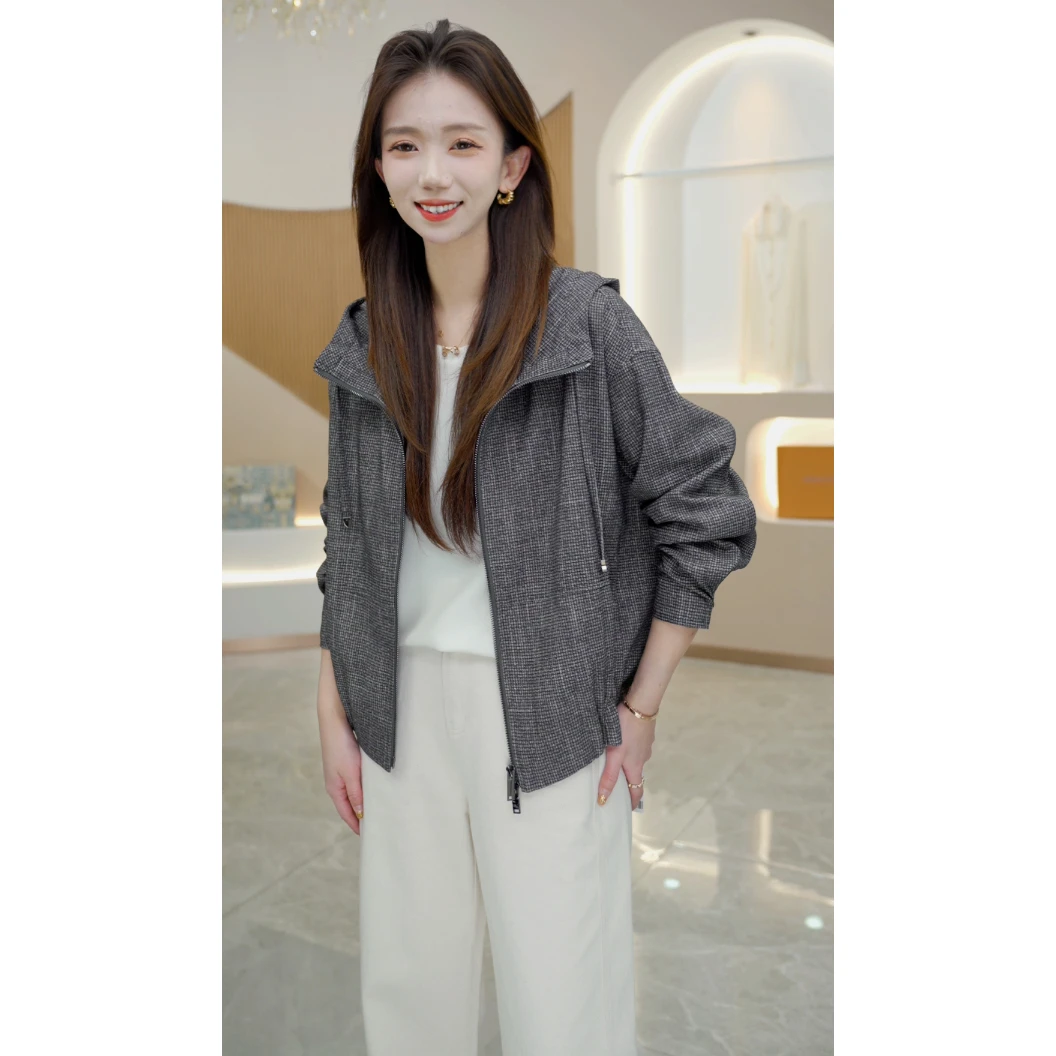 R H 【连帽千鸟格】2025春季新品复古休闲连帽丝绵外套SG9659