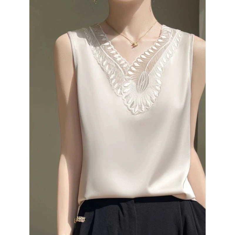 夏季真丝吊带背心女外穿醋酸缎面无袖打底衫宽松蕾丝拼接西装内搭