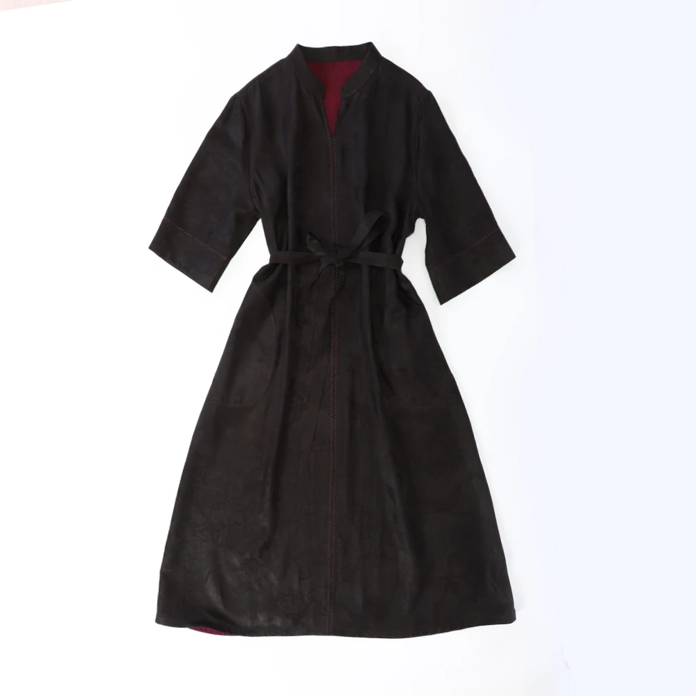 品牌新款新中式国风V领气质短袖长款连衣裙526190