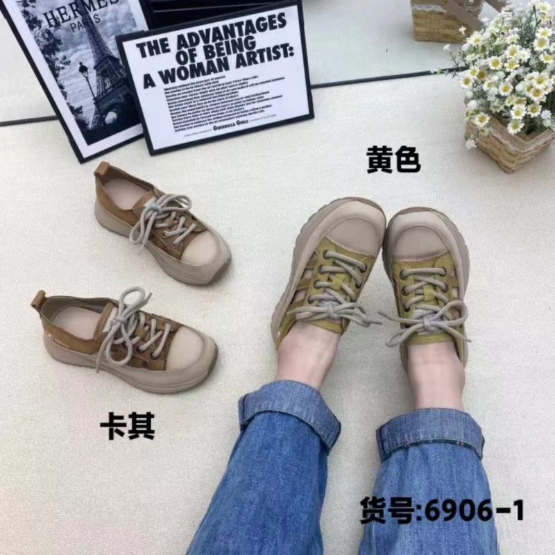 6906-1真皮板鞋圆头女鞋镂空中口中跟拼色修面皮系带舒适单鞋