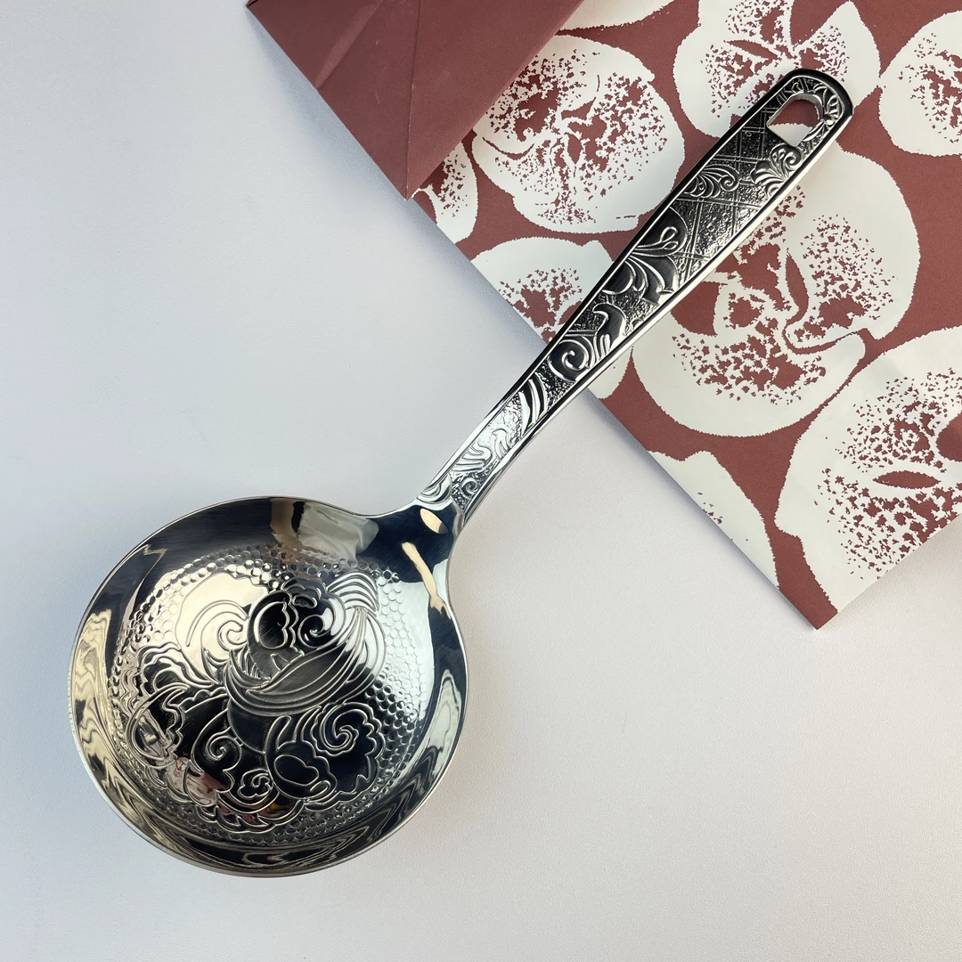 18/10加深加厚不锈钢汤勺玫瑰花大号压纹圆勺大勺菜勺