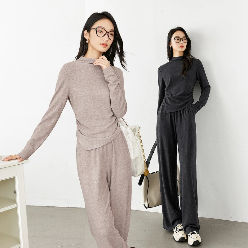 梵希蔓休闲慵懒风打底套装女冬季新款内搭上衣阔腿裤两件套A0605