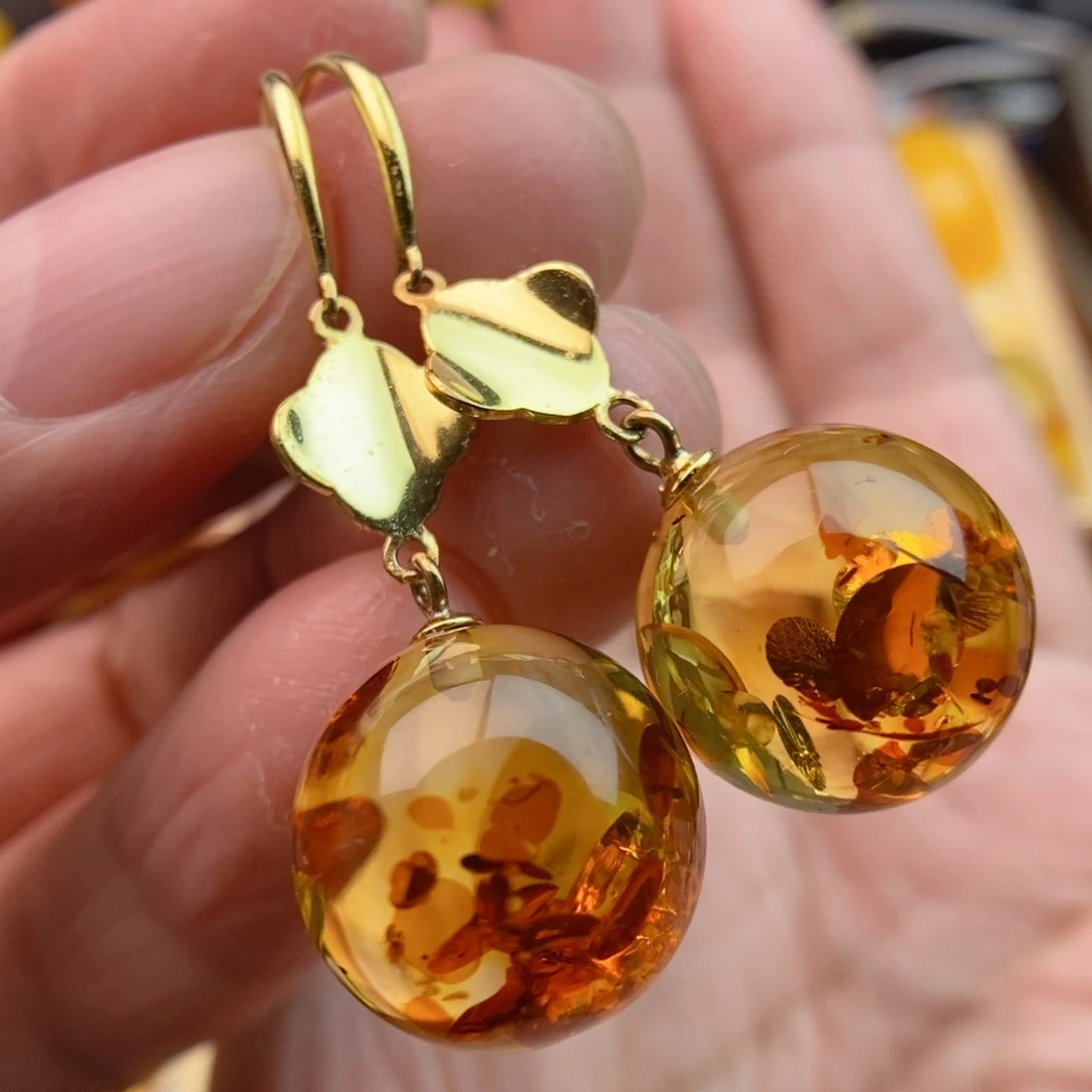 琥珀耳饰银S925镀金镶嵌花珀圆珠15m